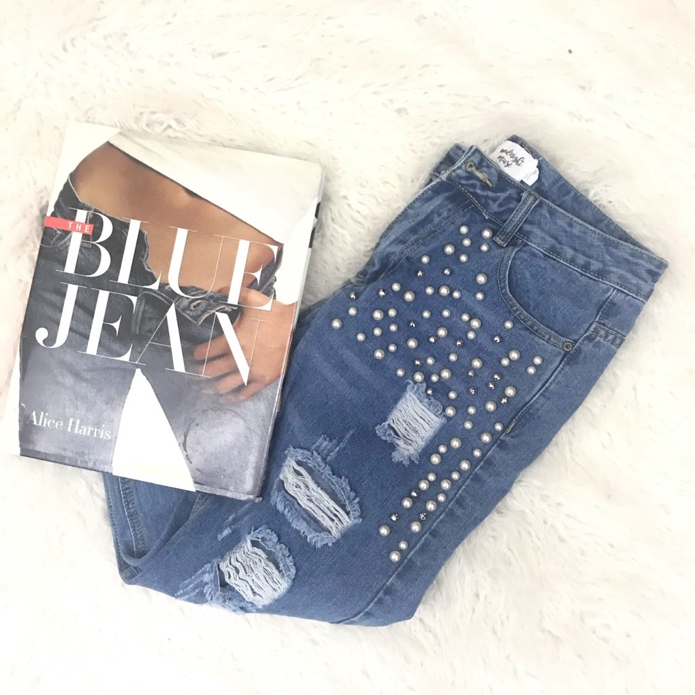 Midnight Muse Denim White Pearl Rhinestone Jeans